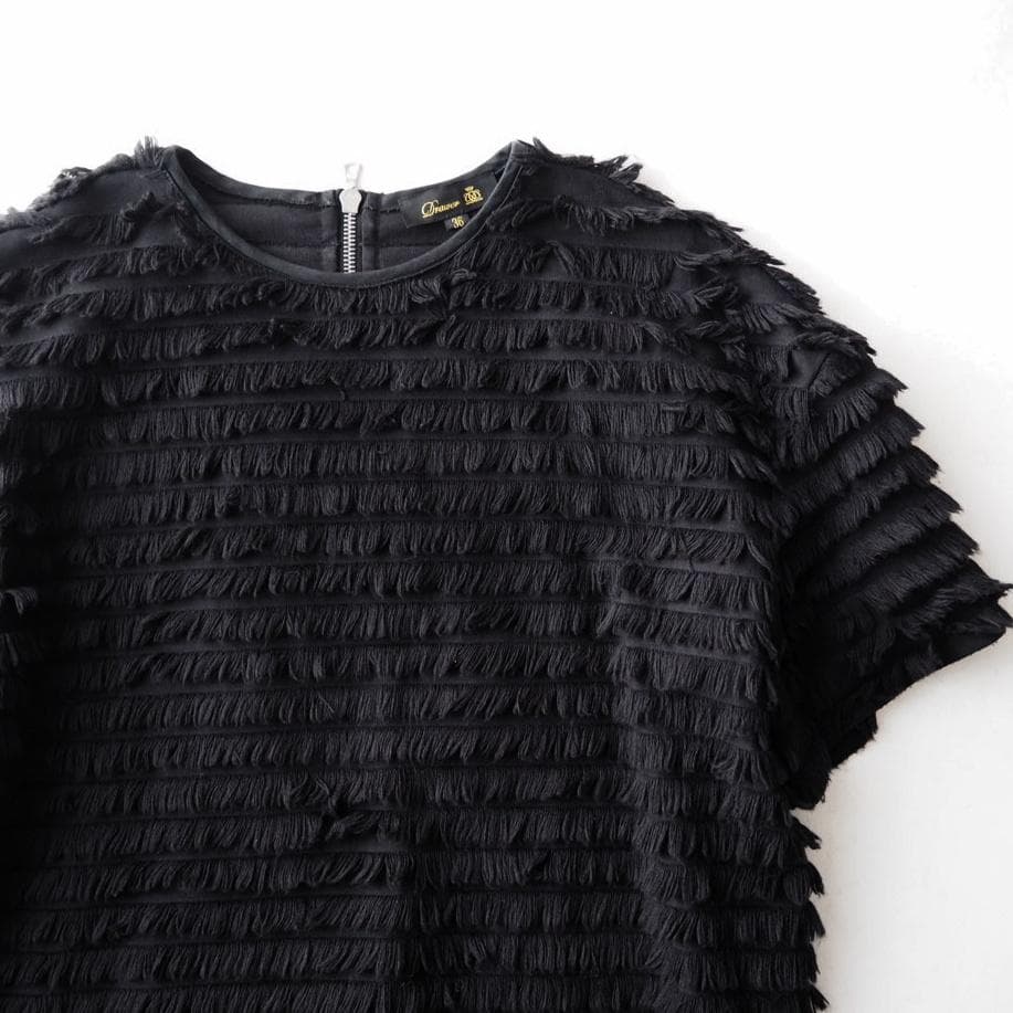 Drawer ドゥロワー コットン フリンジボーダー 半袖 Tシャツ ブラック