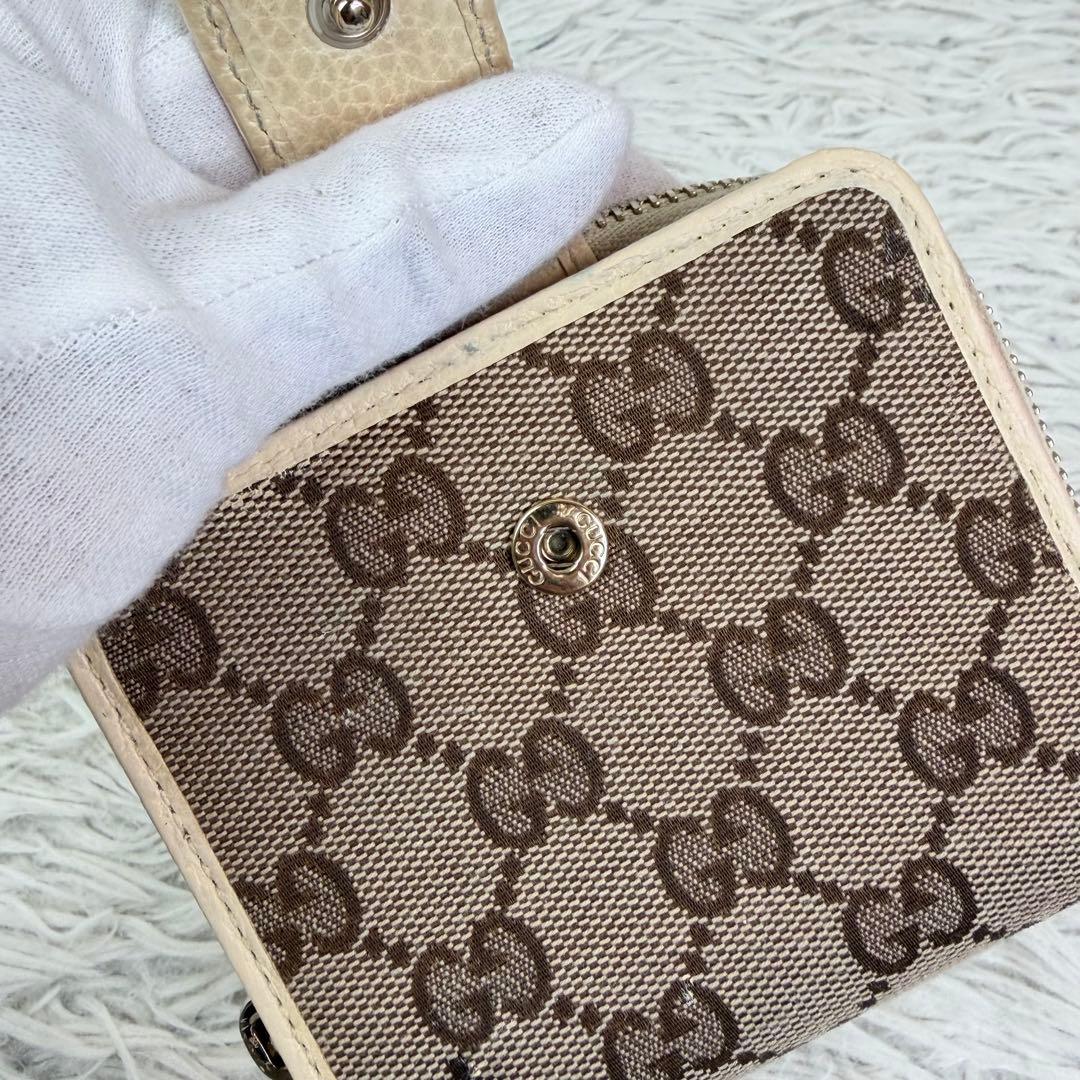 美品✨GUCCI 二つ折り財布　コンパクトジップ　GGキャンバス　ホワイト
