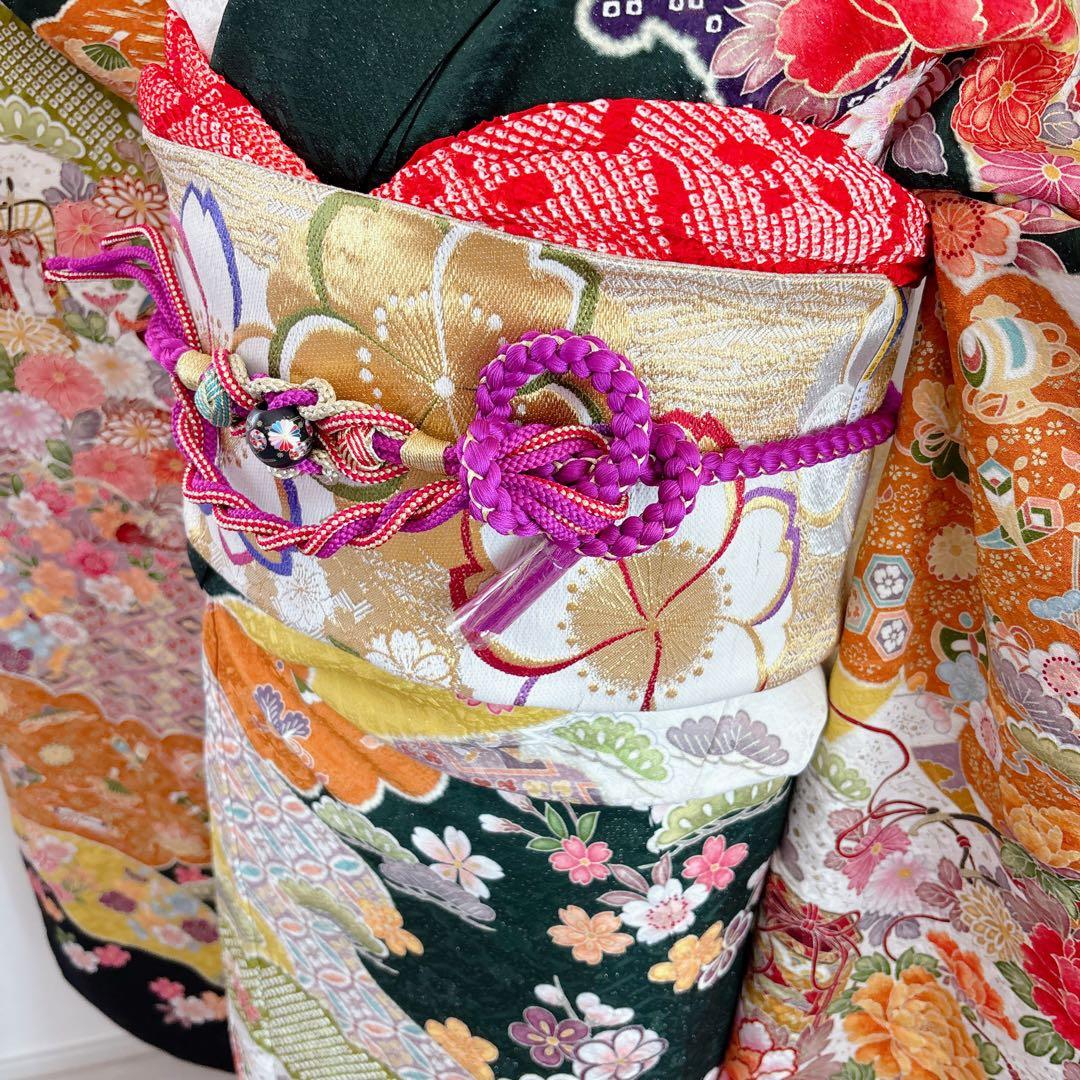 新品正絹振袖フルセット　王道古典柄　銀通し駒刺繍　成人式　緑