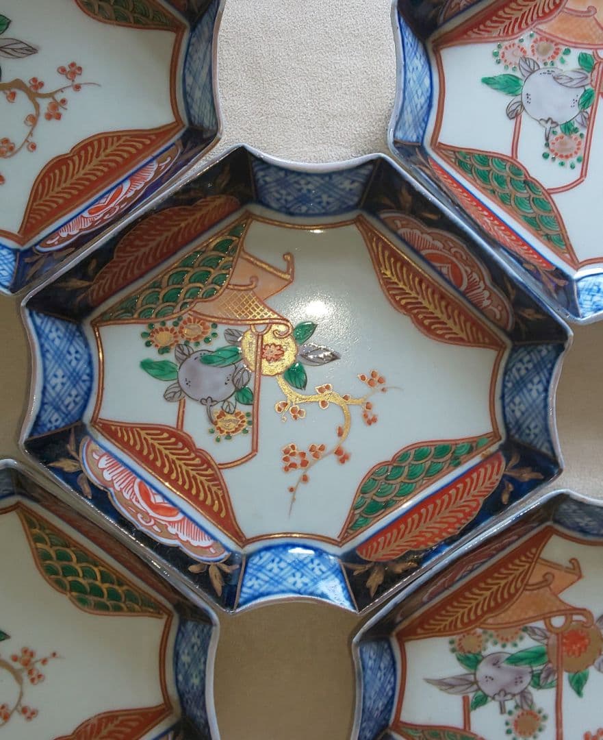 古伊万里　色絵　八角形陶磁器皿 5枚セット