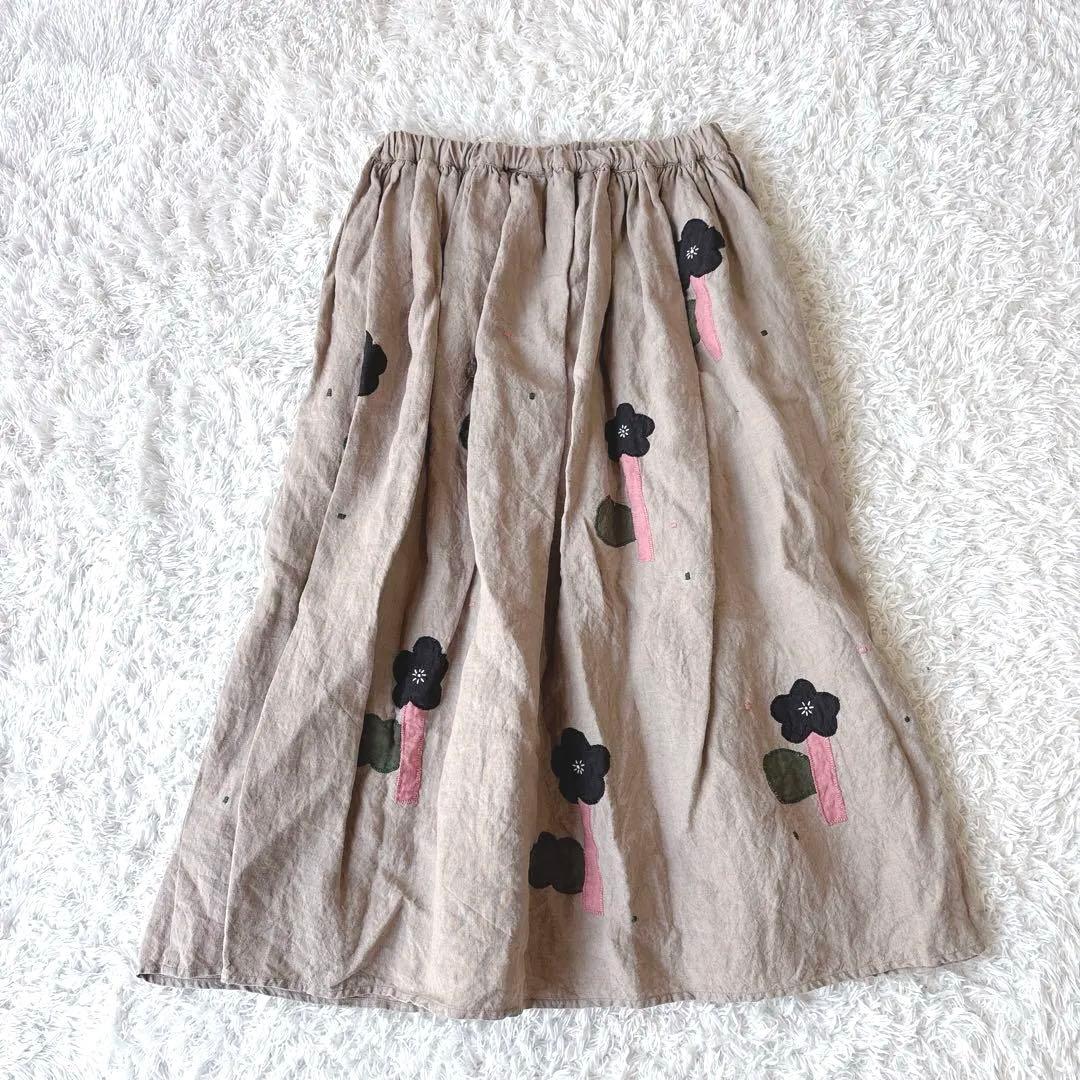タグ付き✨ pot and tea 踊る花のスカート リネン100％ ナチュラル