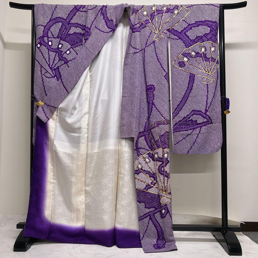 振袖　金駒刺繍　総絞り　扇　水引　流線　着物　101tz