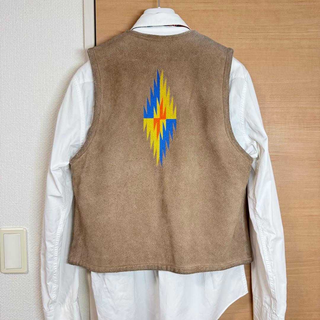 70s ビンテージ レザー ベスト オルテガ柄 刺繍 スエード 厚手
