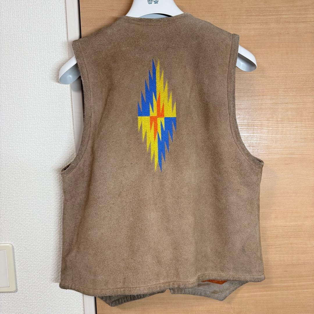 70s ビンテージ レザー ベスト オルテガ柄 刺繍 スエード 厚手