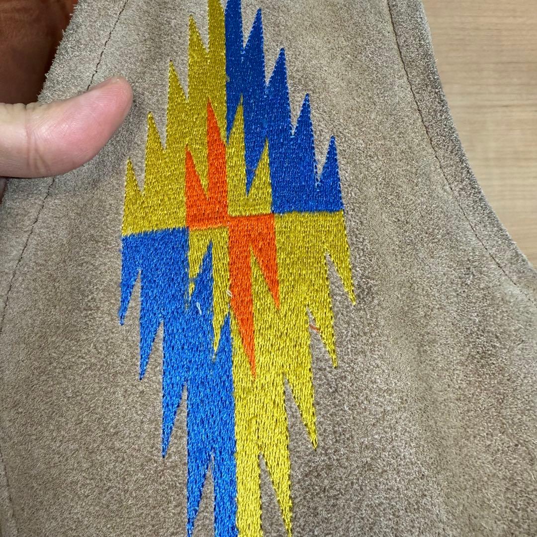 70s ビンテージ レザー ベスト オルテガ柄 刺繍 スエード 厚手