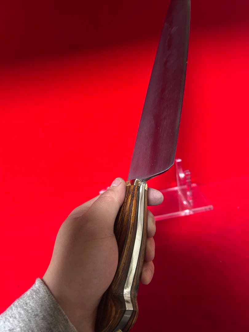 01577 包丁　牛刀　本焼　富士山波紋　手作り　スウェーデン鋼　未使用品