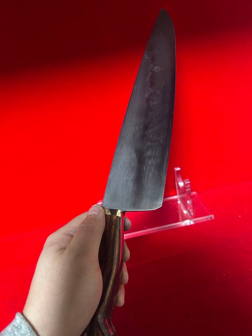 01577 包丁　牛刀　本焼　富士山波紋　手作り　スウェーデン鋼　未使用品
