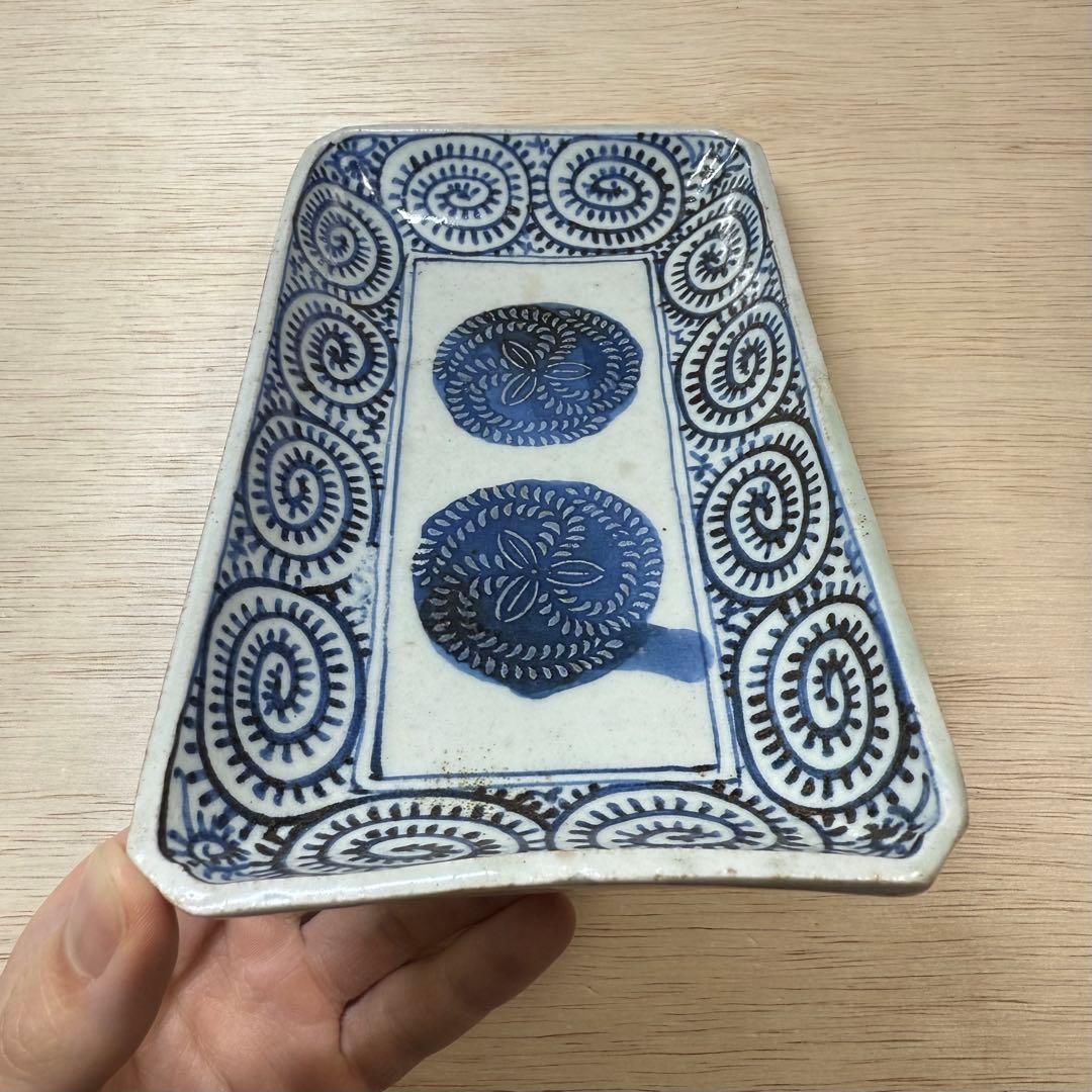 切込焼 長皿 蛸唐草 摺り絵印判 江戸時代 無傷 古伊万里 古美術 骨董 民窯
