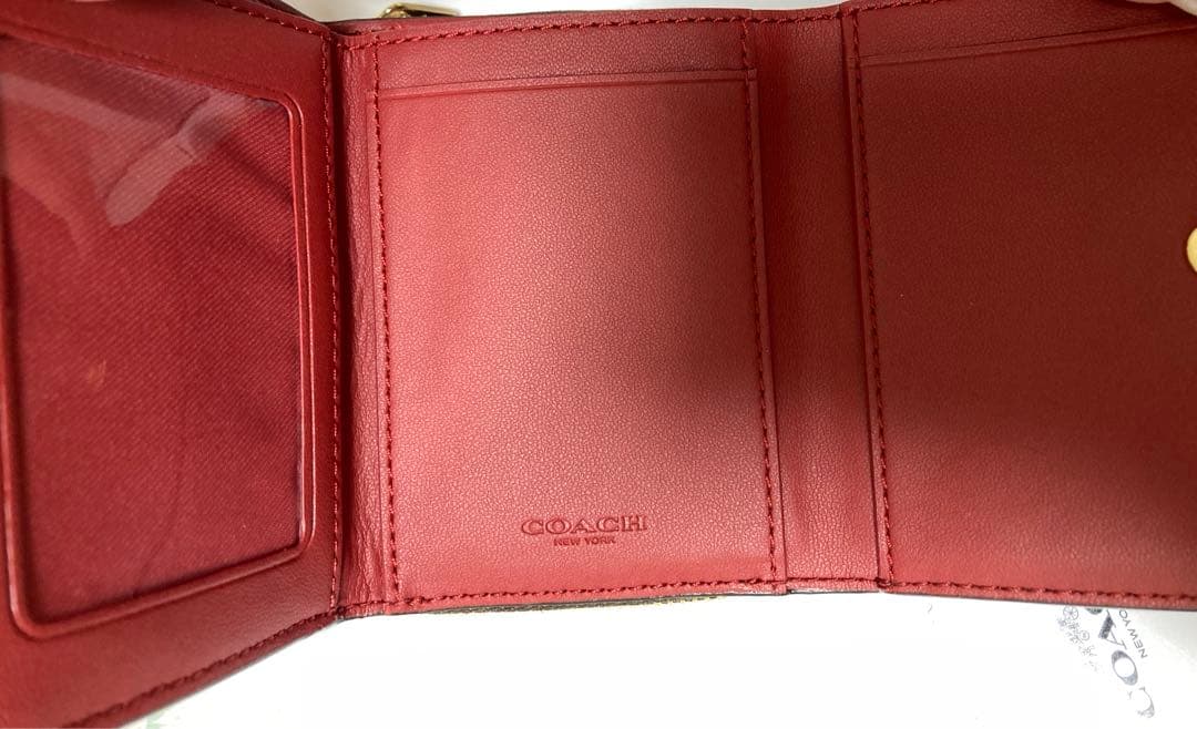 COACH 三つ折り財布 ブラウン/レッド　ミニ財布　ミニウォレット