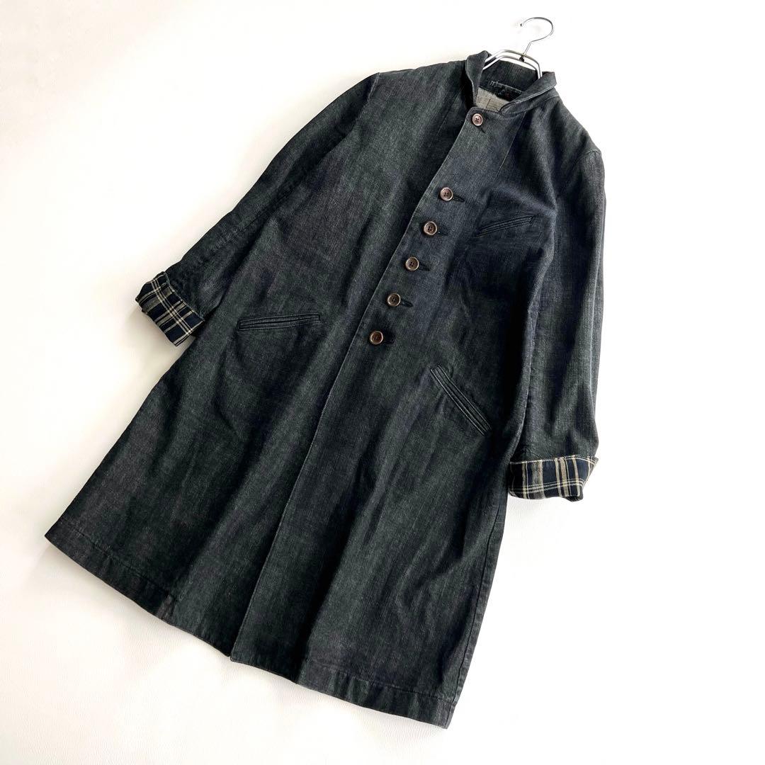 3307【極美品】45R デニムロングコート コットン　日本製　インディゴ　S