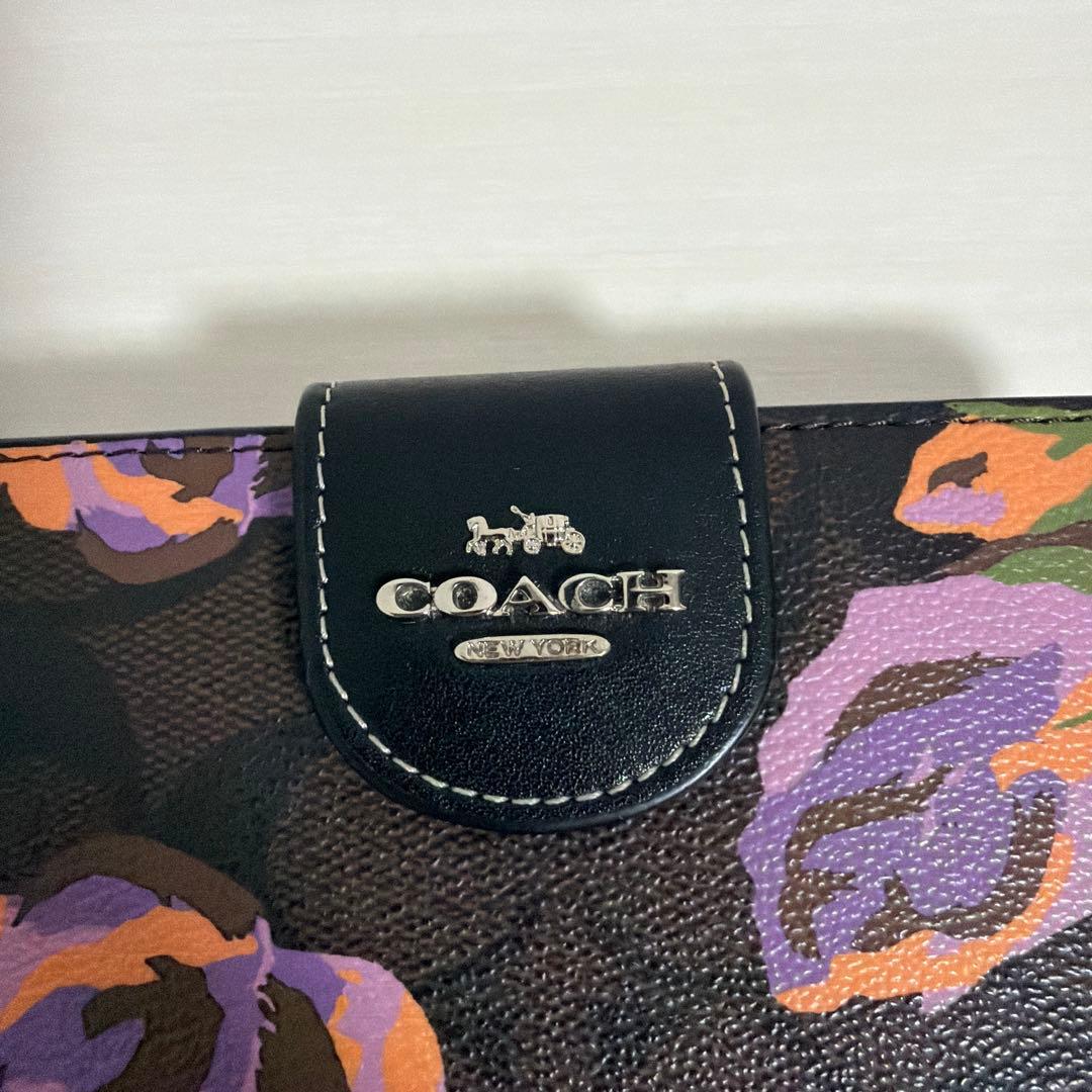 coach コーチ　二つ折り　ミニ財布　ブラウン　レザー　シグネチャー　フラワー