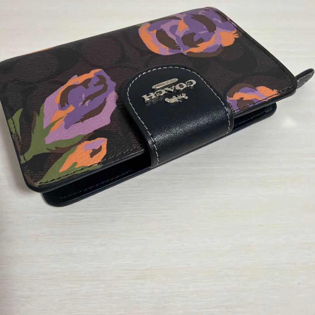 coach コーチ　二つ折り　ミニ財布　ブラウン　レザー　シグネチャー　フラワー