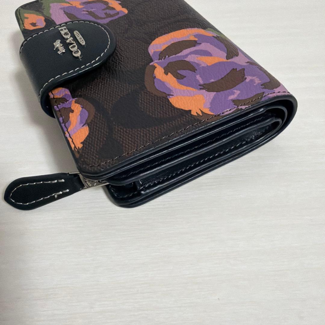 coach コーチ　二つ折り　ミニ財布　ブラウン　レザー　シグネチャー　フラワー