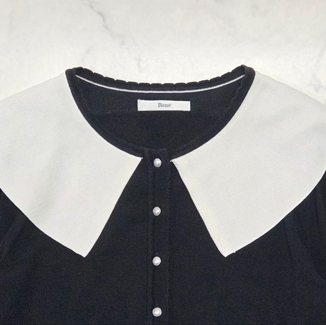 美品✨Rene ルネ セーラー白襟 パールボタン ニットカーディガン 黒 M