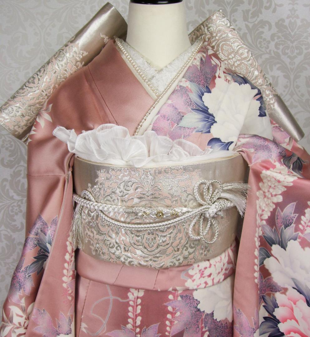 くすみピンクに大輪牡丹と藤の花/ぼかし染め/銀彩/振袖フルセット　n5　成人式