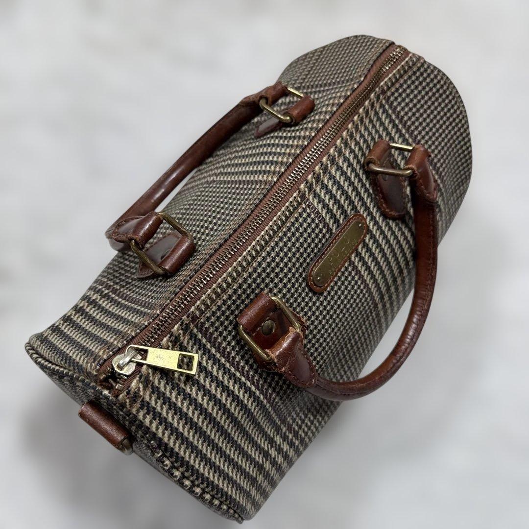 美品 ポロラルフローレン ハンドバッグ 千鳥孔子柄 PVCレザー 茶色系