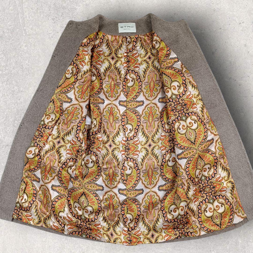 ETRO モヘヤ混 ノーカラーロングコート グレージュ 裏地カシミール 40