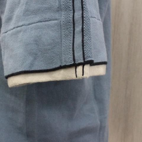 ◇HERMES メンズ 薄手 半袖ニット スモークブルー×ネイビー×白