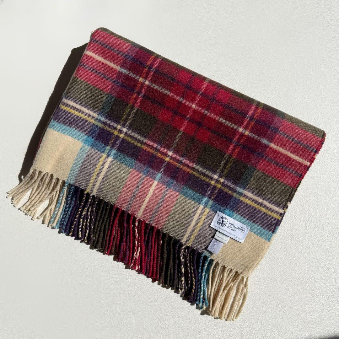 美品　ジョンストンズ　大判　ストール　マフラー　カシミヤ　チェック　グリーン