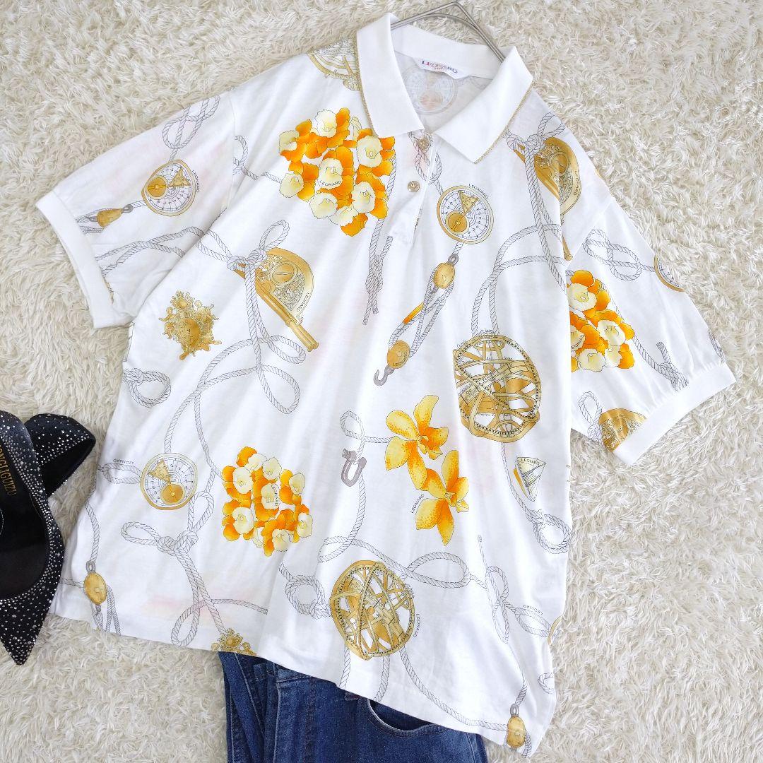 LEONARD SPORT　美品スカーフ柄ゴールドラインカラーデザインポロシャツ