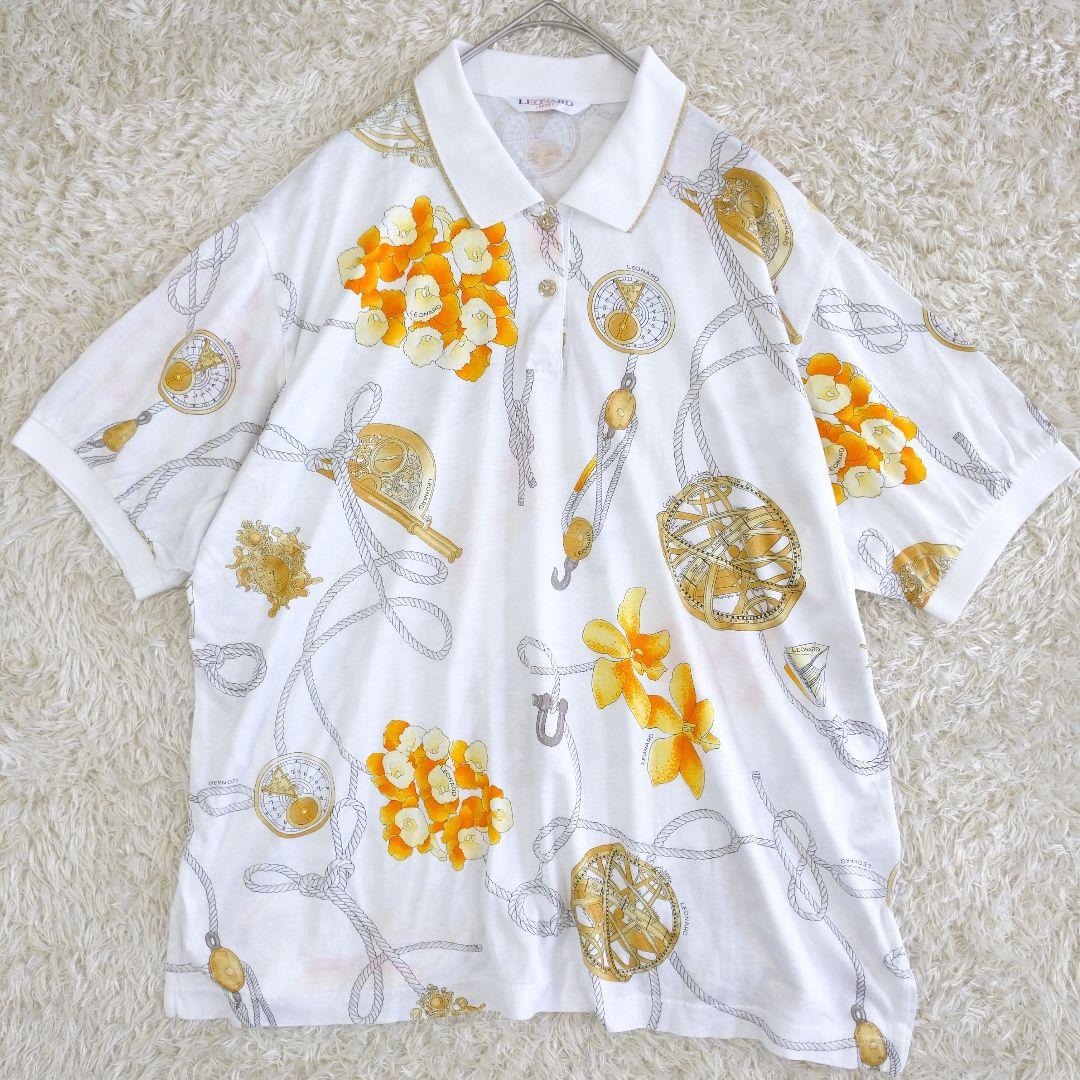 LEONARD SPORT　美品スカーフ柄ゴールドラインカラーデザインポロシャツ