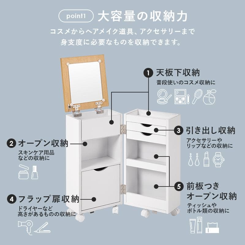 【大特価】ドレッサー ワゴン ホワイト 鏡台 化粧台 キャスター付 コンパクト品