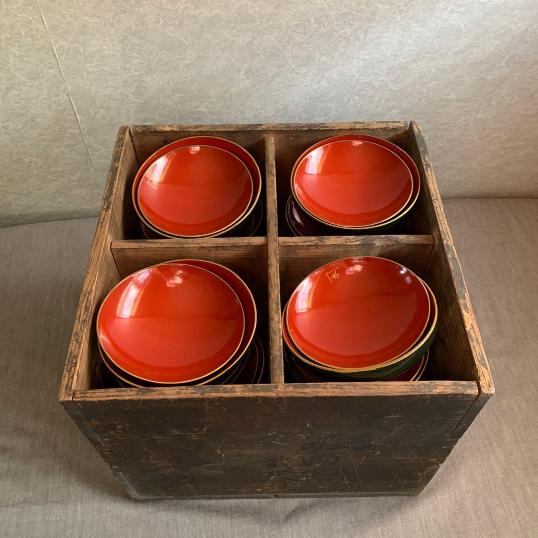 【骨董品】漆器　お椀　汁椀　20個セット　松と鶴の模様　グリーン