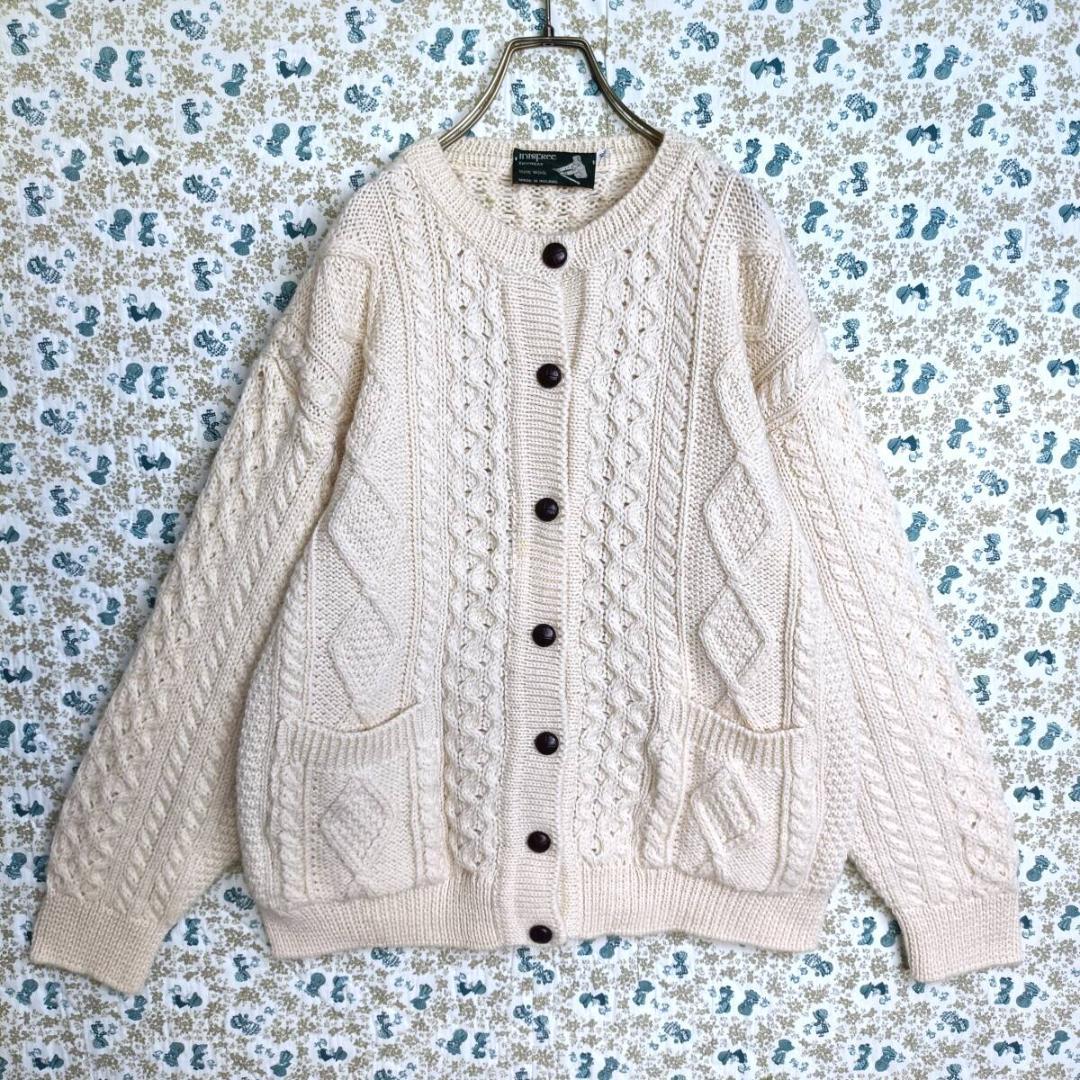 ニット☆カーディガン アイルランド製 フィッシャーマン アラン 白系 XL