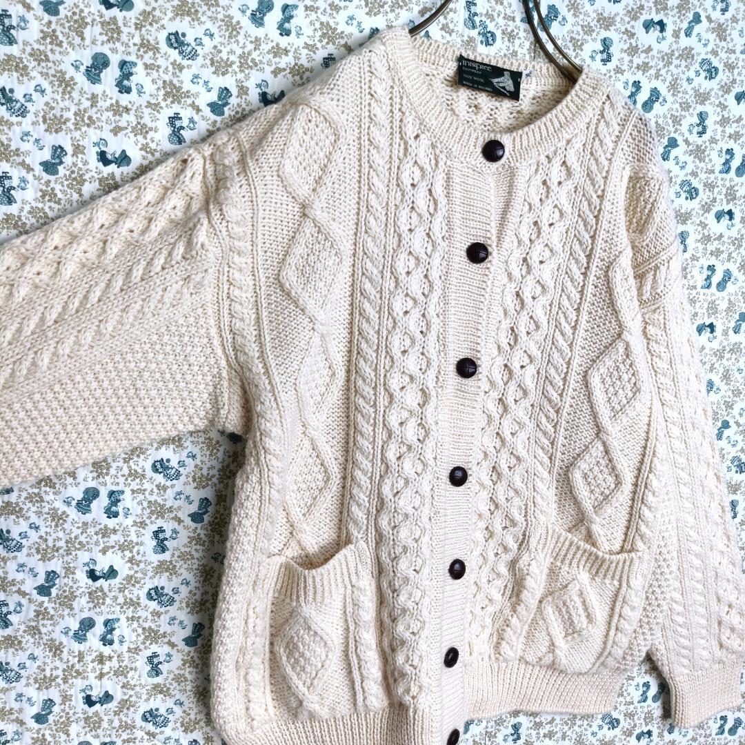 ニット☆カーディガン アイルランド製 フィッシャーマン アラン 白系 XL