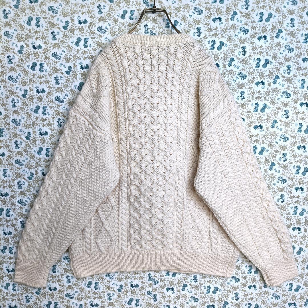 ニット☆カーディガン アイルランド製 フィッシャーマン アラン 白系 XL