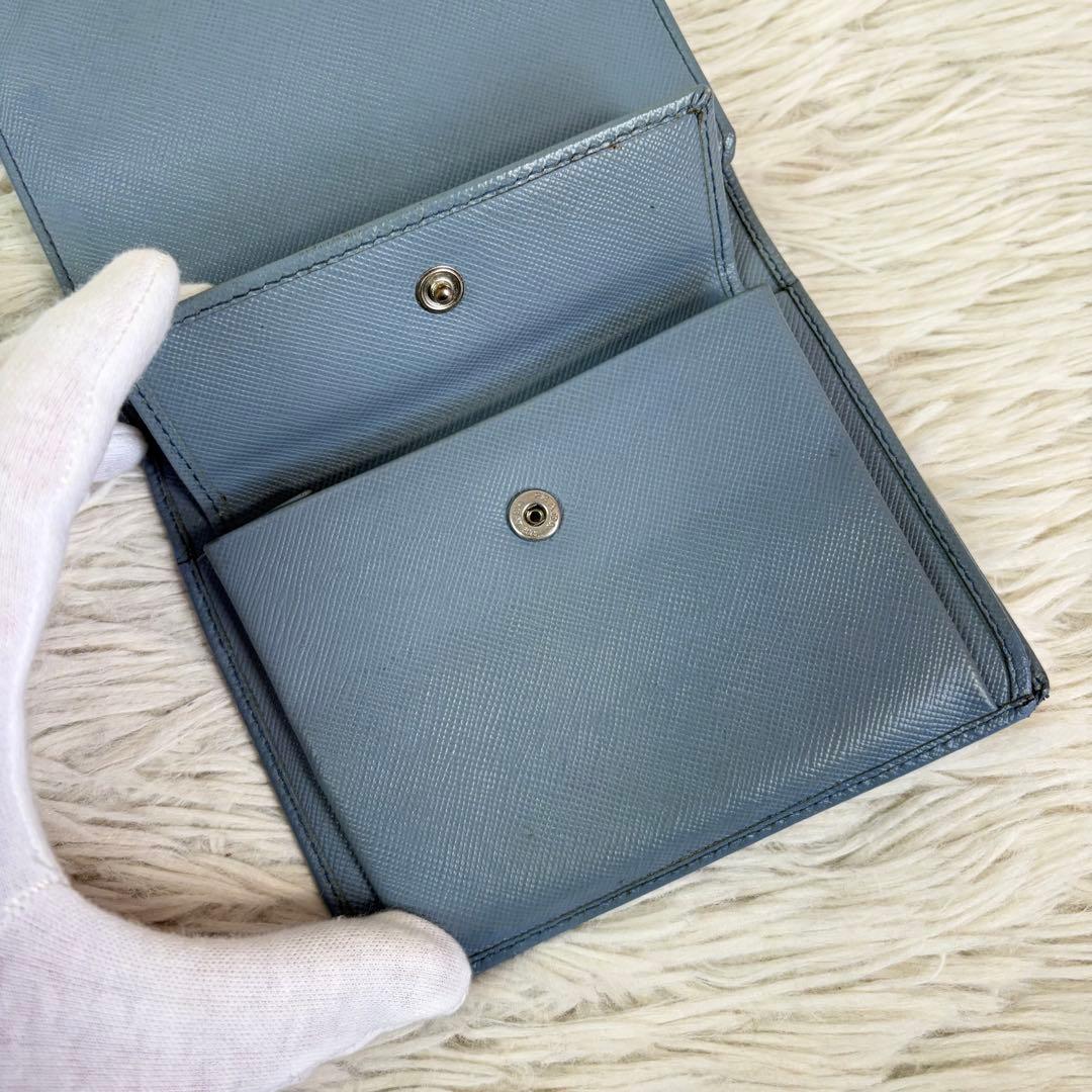 極美品/希少スカイブルー✨PRADA プラダ サフィアーノ 折り財布 三角ロゴ