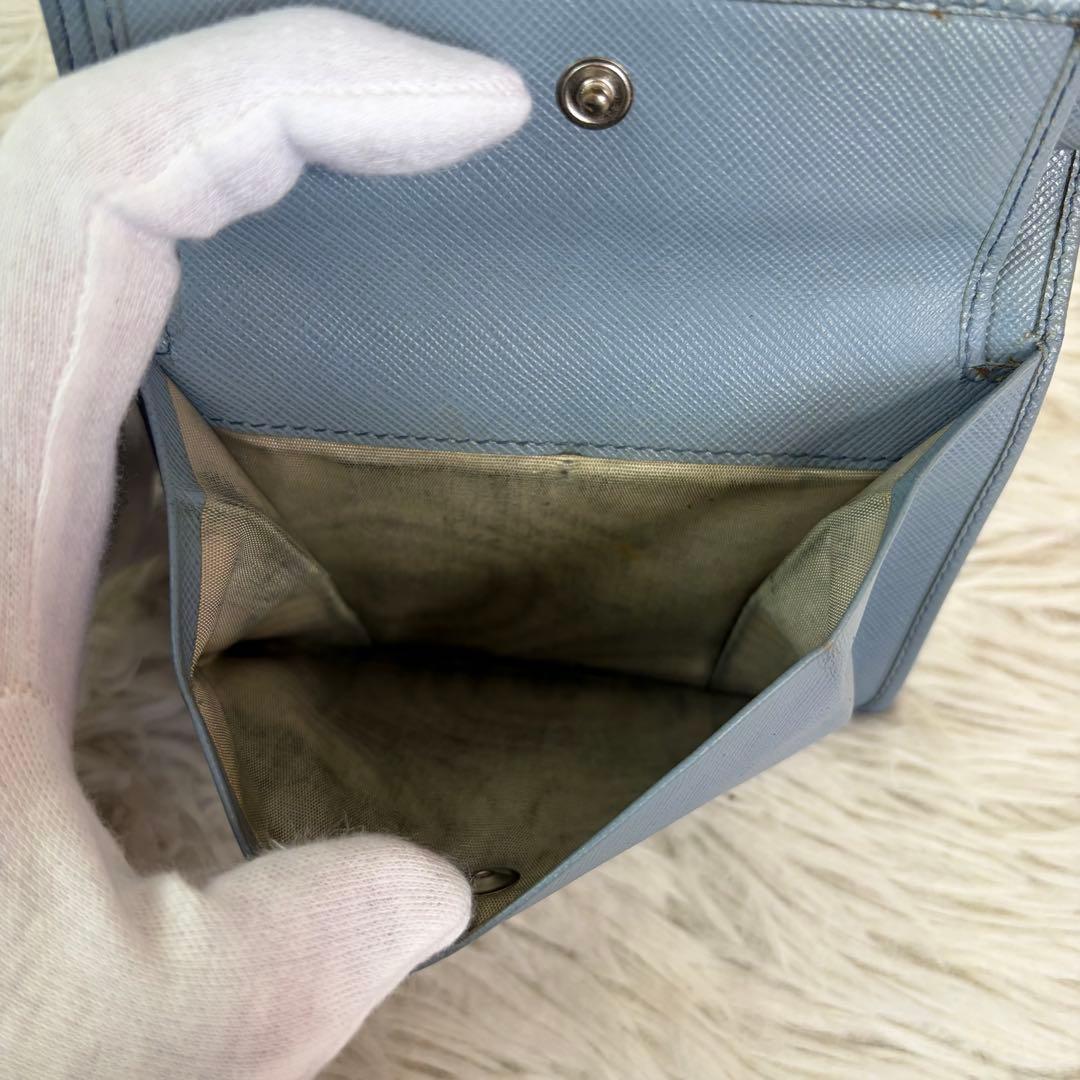 極美品/希少スカイブルー✨PRADA プラダ サフィアーノ 折り財布 三角ロゴ