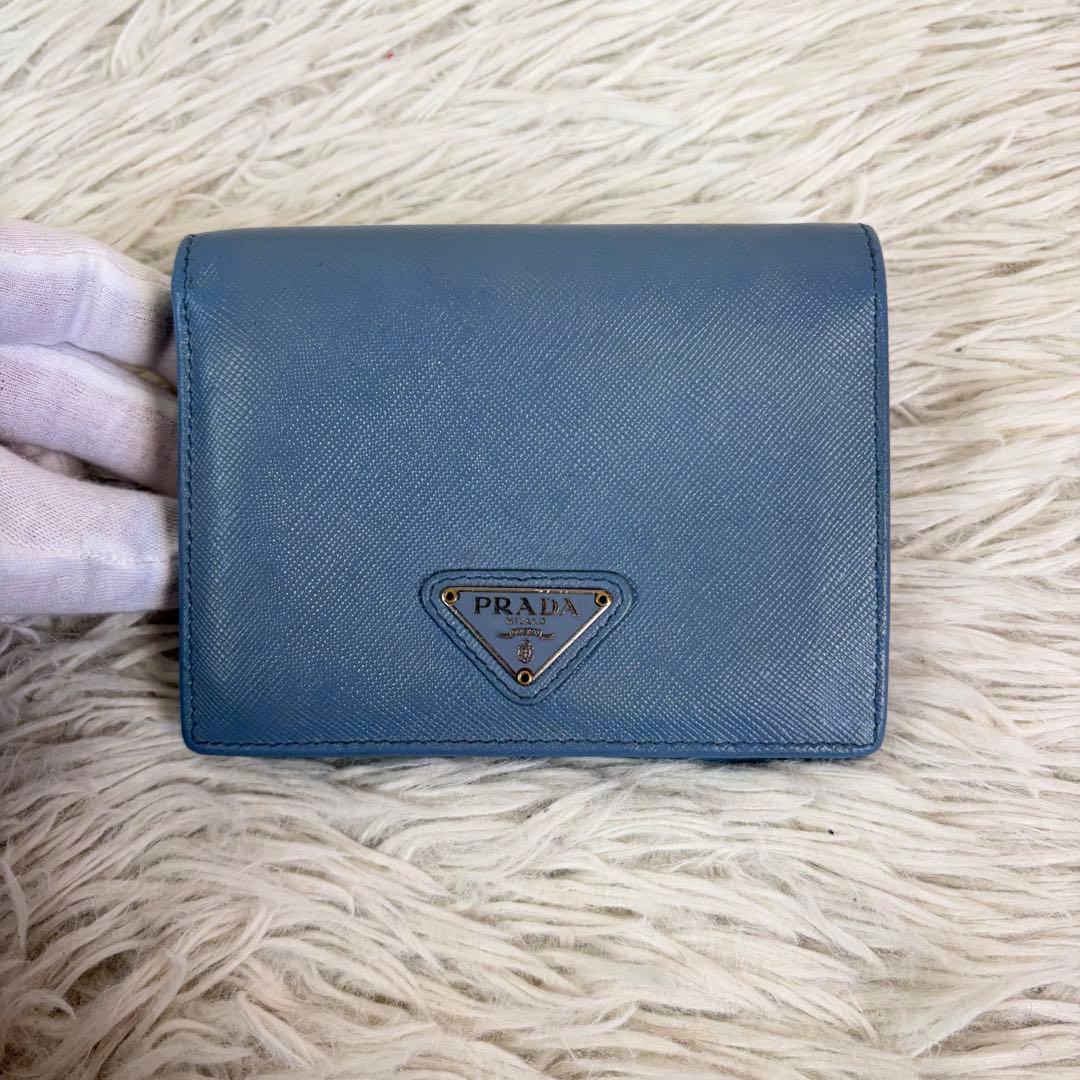 極美品/希少スカイブルー✨PRADA プラダ サフィアーノ 折り財布 三角ロゴ