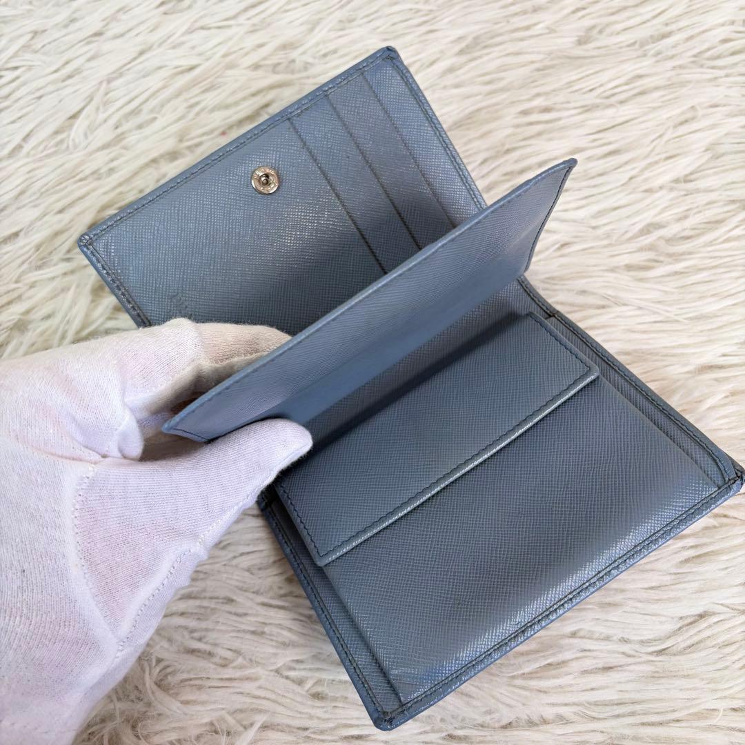 極美品/希少スカイブルー✨PRADA プラダ サフィアーノ 折り財布 三角ロゴ