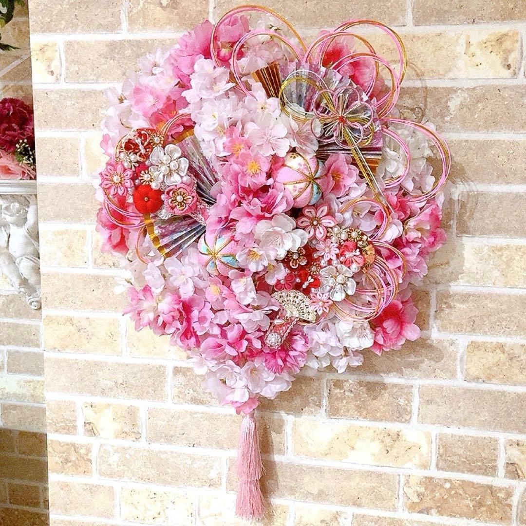 華やか！桜リース♡八重桜と手鞠♡羽子板飾りのひな祭りリース♡造花リース