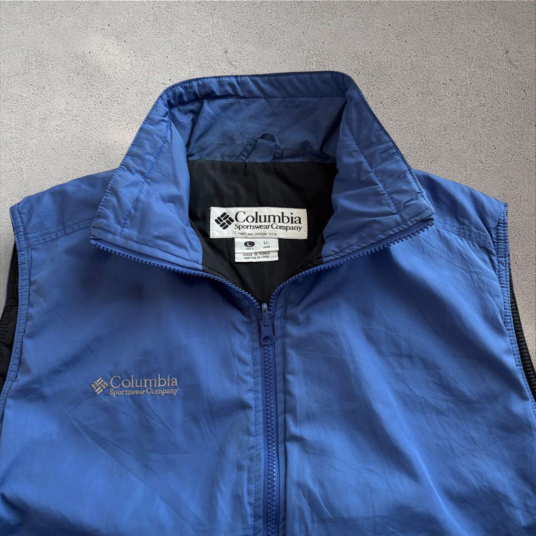 90’s Columbia ナイロンベスト青L白タグ中綿入りバイカラー