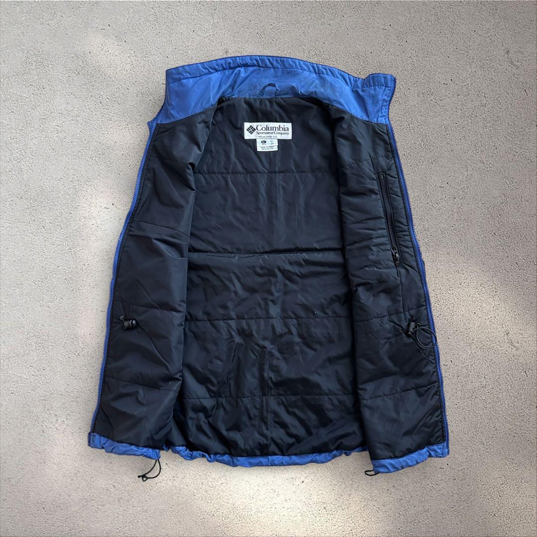 90’s Columbia ナイロンベスト青L白タグ中綿入りバイカラー