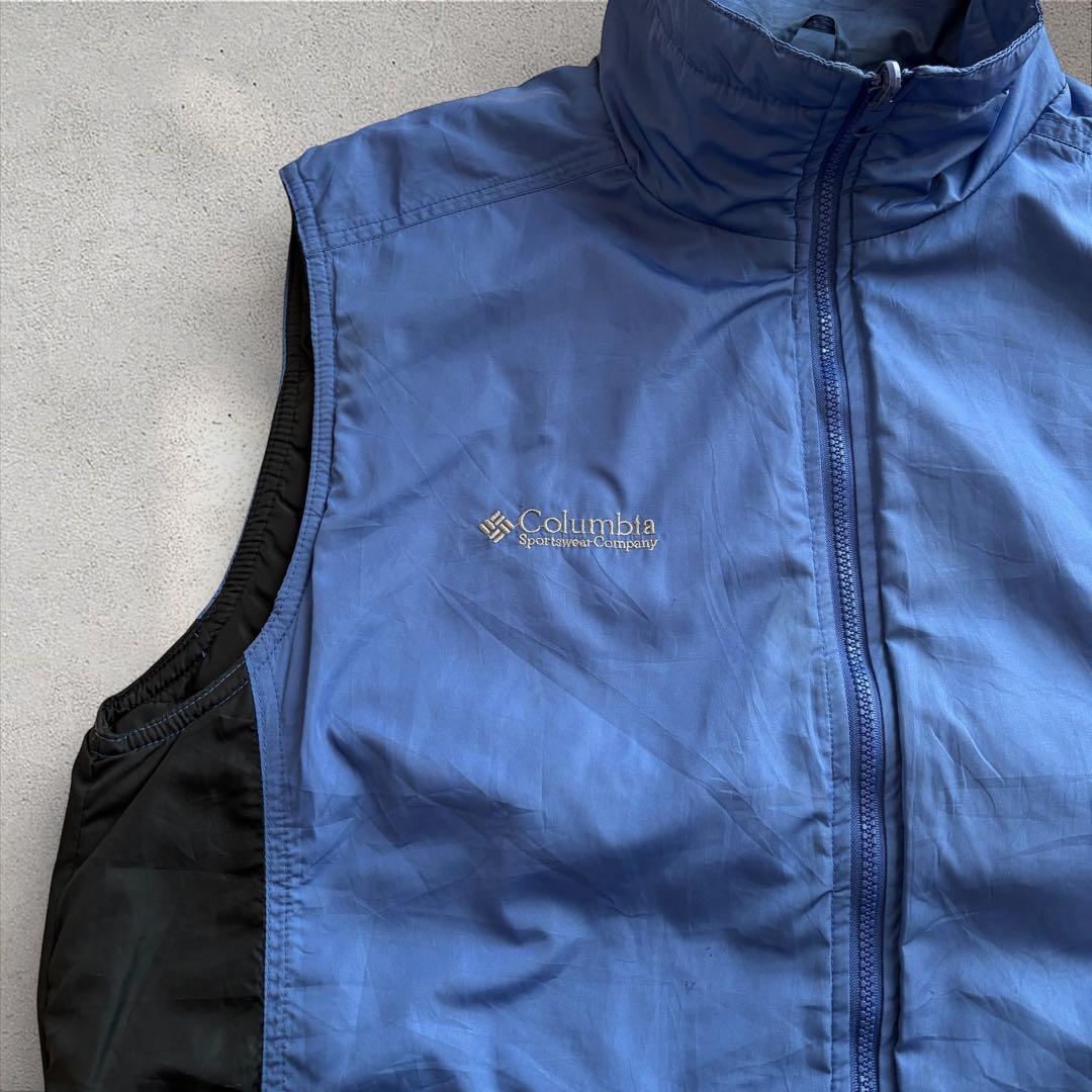 90’s Columbia ナイロンベスト青L白タグ中綿入りバイカラー