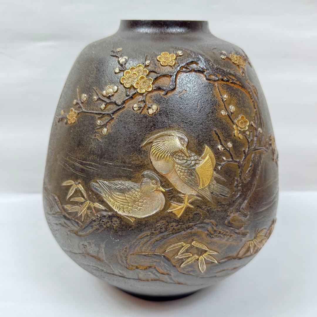 青銅 龍仙作 壺 おしどり 木箱付き