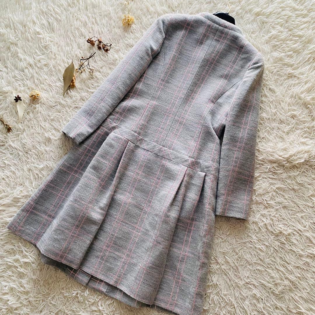 美品 ルネ ラメ刺繍チェック柄 リボンモチーフ ノーカラー ロングコート 日本製