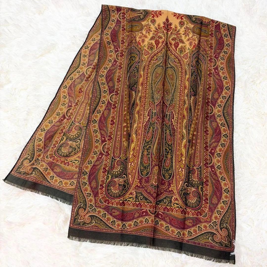 新品級✨ETRO エトロ 大判ストール ペイズリー柄茶 イタリア製 ウールシルク
