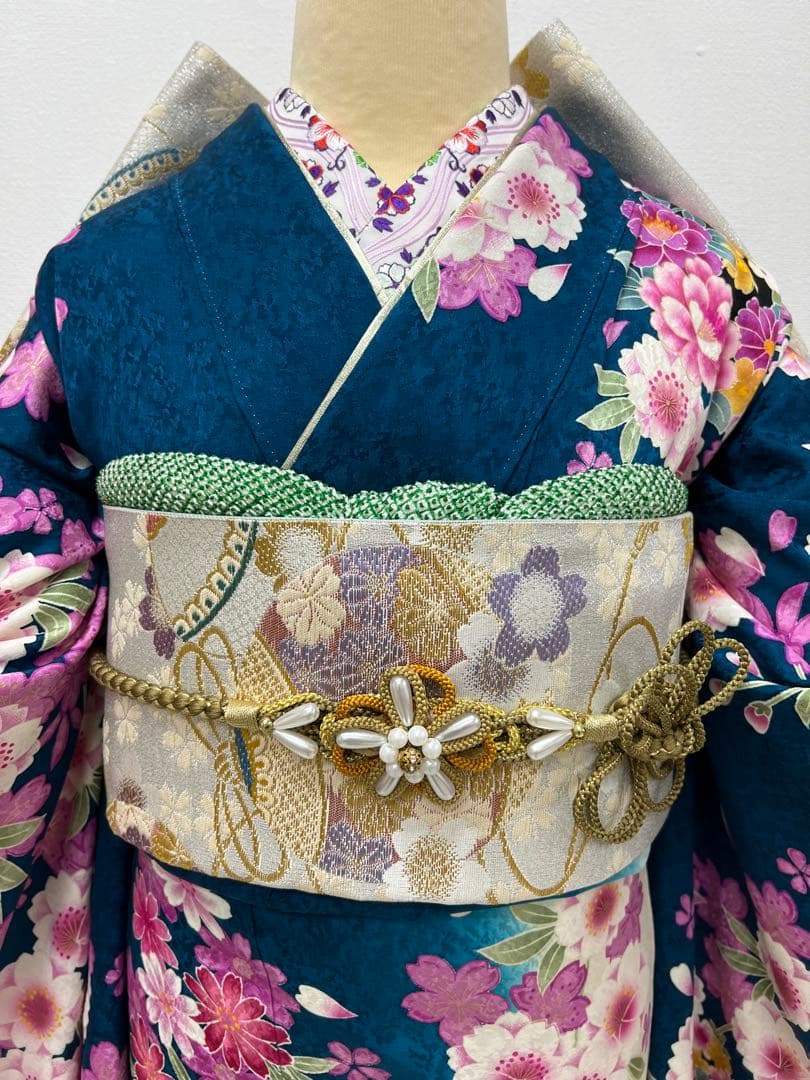 振り袖　フルセット　別誂長襦袢　金彩加工　刺繍入り　白　青　成人式　865