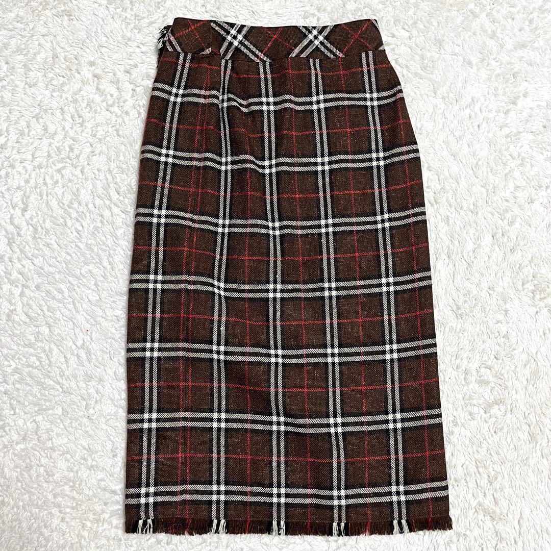 バーバリー ラップスカート フリンジ ブランド 38 麻 シルク ノバチェック