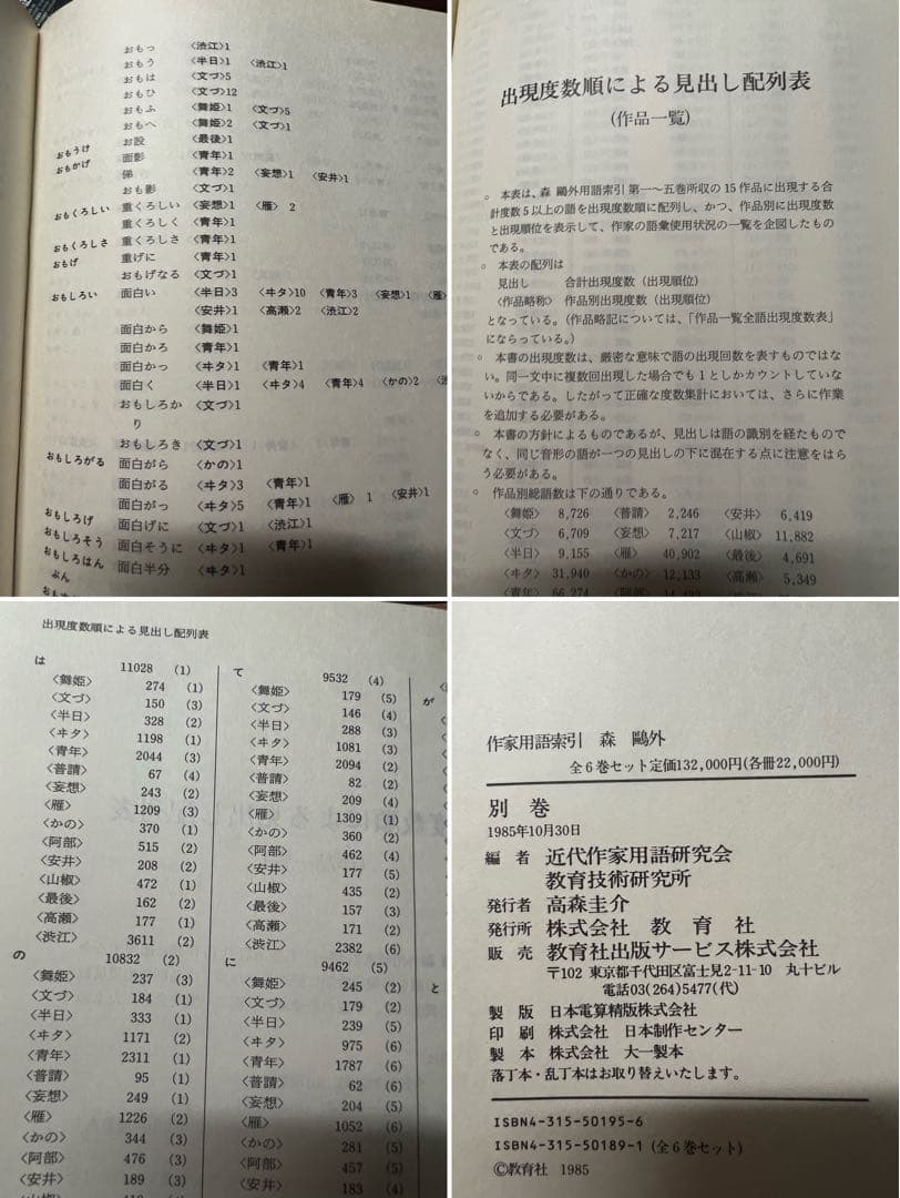 「森鴎外 作家用語索引」全6冊 主要作品の索引と本文他 定価13万2000円◆