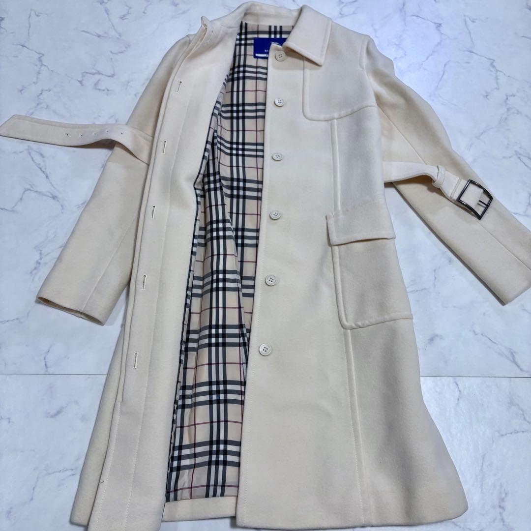 美品 バーバリー ブルーレーベル ロングコート アンゴラ ノバチェック 白 M