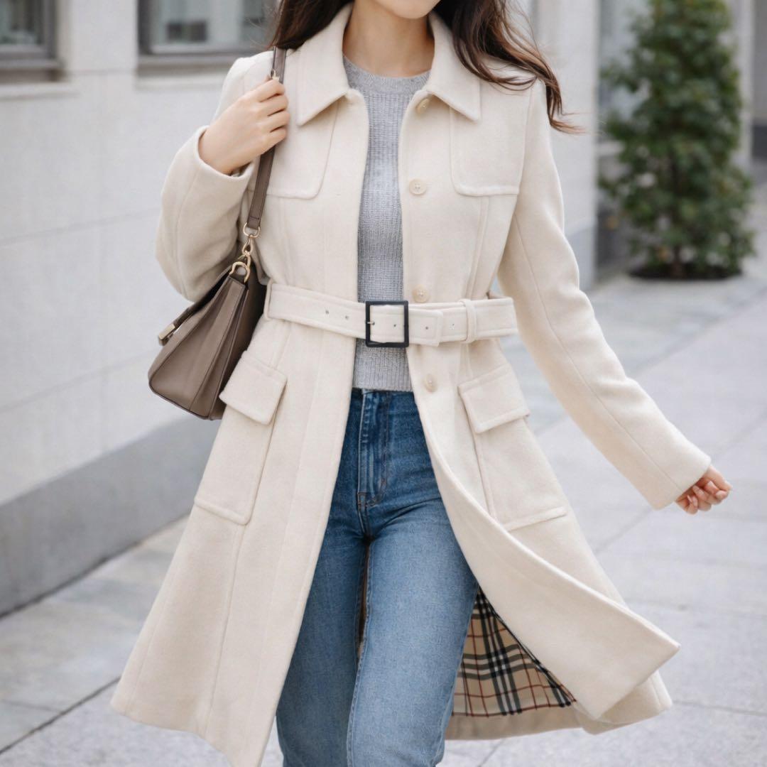 美品 バーバリー ブルーレーベル ロングコート アンゴラ ノバチェック 白 M