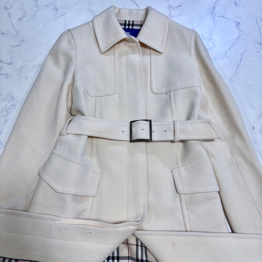 美品 バーバリー ブルーレーベル ロングコート アンゴラ ノバチェック 白 M