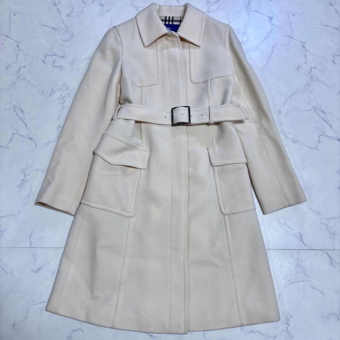 美品 バーバリー ブルーレーベル ロングコート アンゴラ ノバチェック 白 M