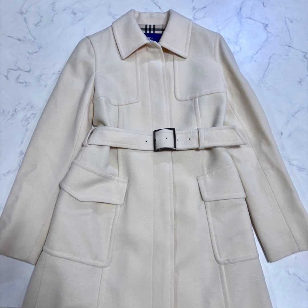 美品 バーバリー ブルーレーベル ロングコート アンゴラ ノバチェック 白 M
