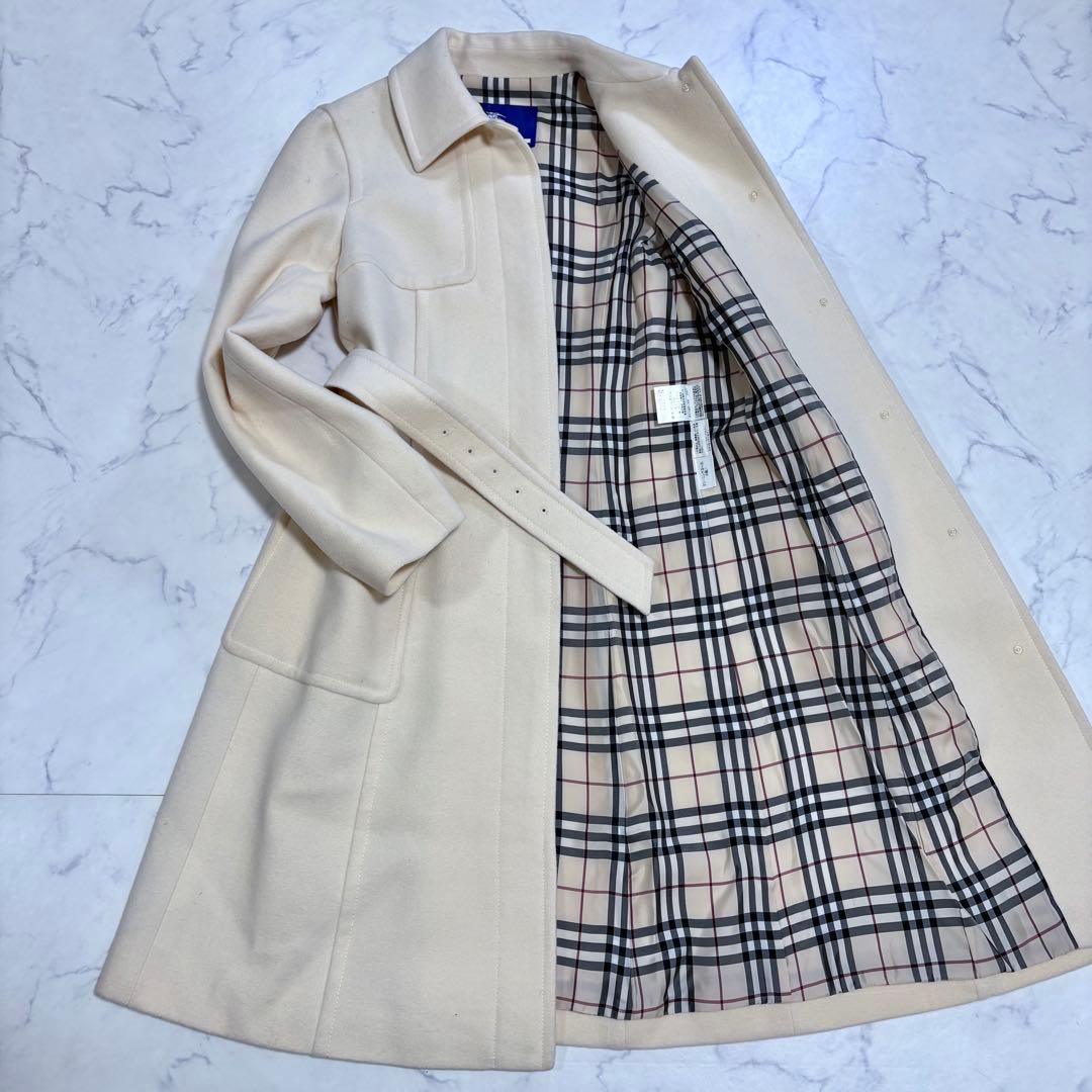 美品 バーバリー ブルーレーベル ロングコート アンゴラ ノバチェック 白 M